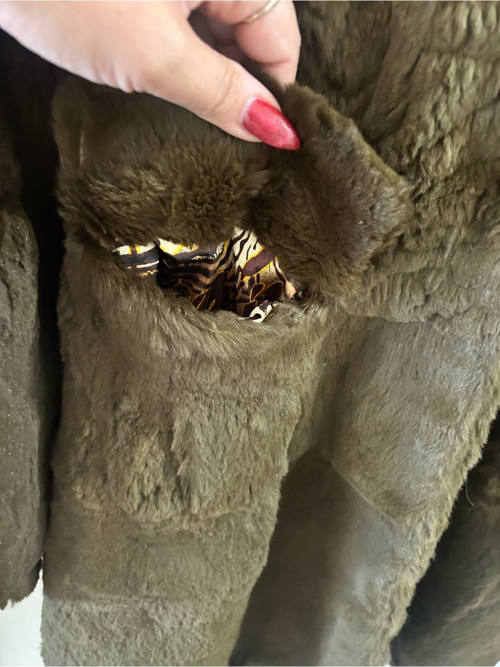 Olive Green Rabbit Fur Coat Genuine Fox Fur Hood Collar M/L - Picture 4 of 11